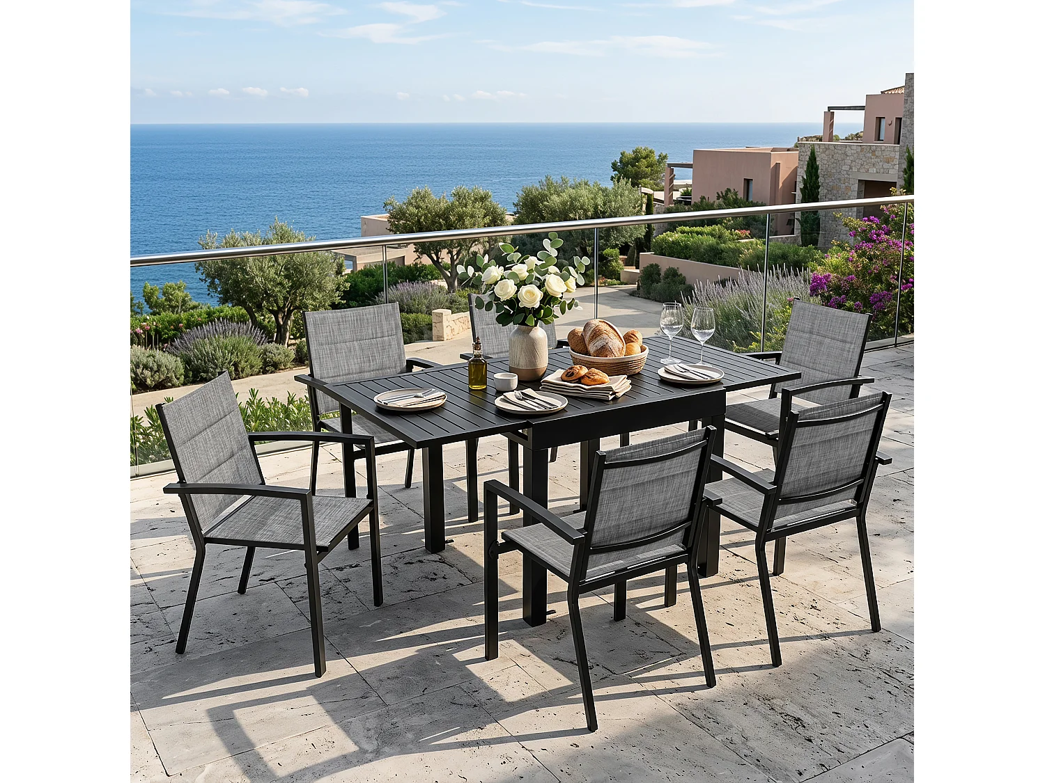 Ensemble de repas d’extérieur en aluminium 7 pièces, table extensible et chaises empilables