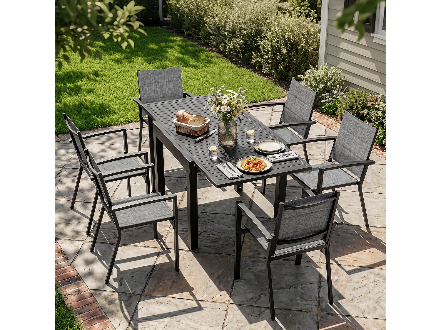 Ensemble de repas d’extérieur en aluminium 7 pièces, table extensible et chaises empilables