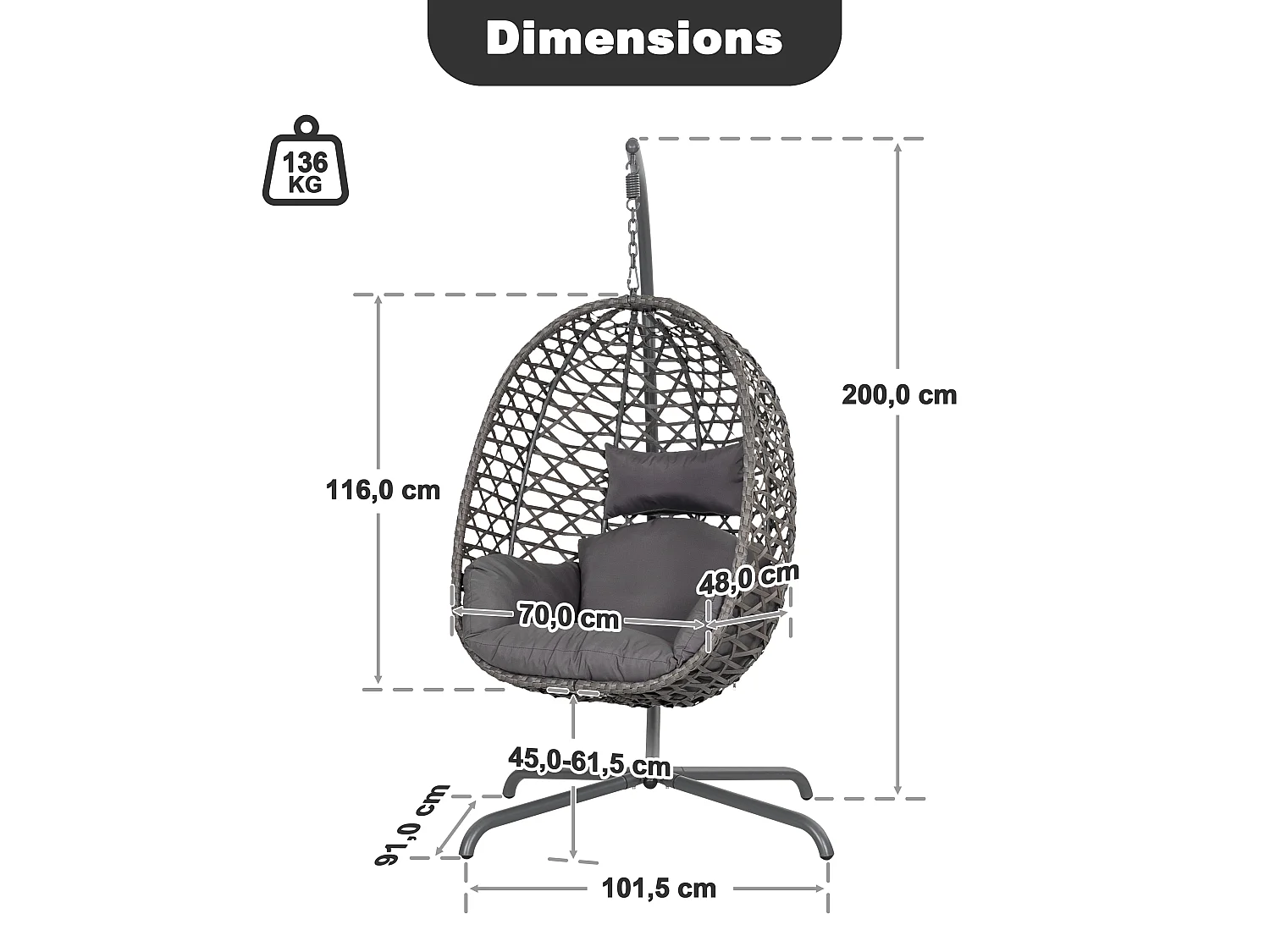 Avestar Balancelle suspendue en forme d’œuf pour extérieur avec coussin moelleux