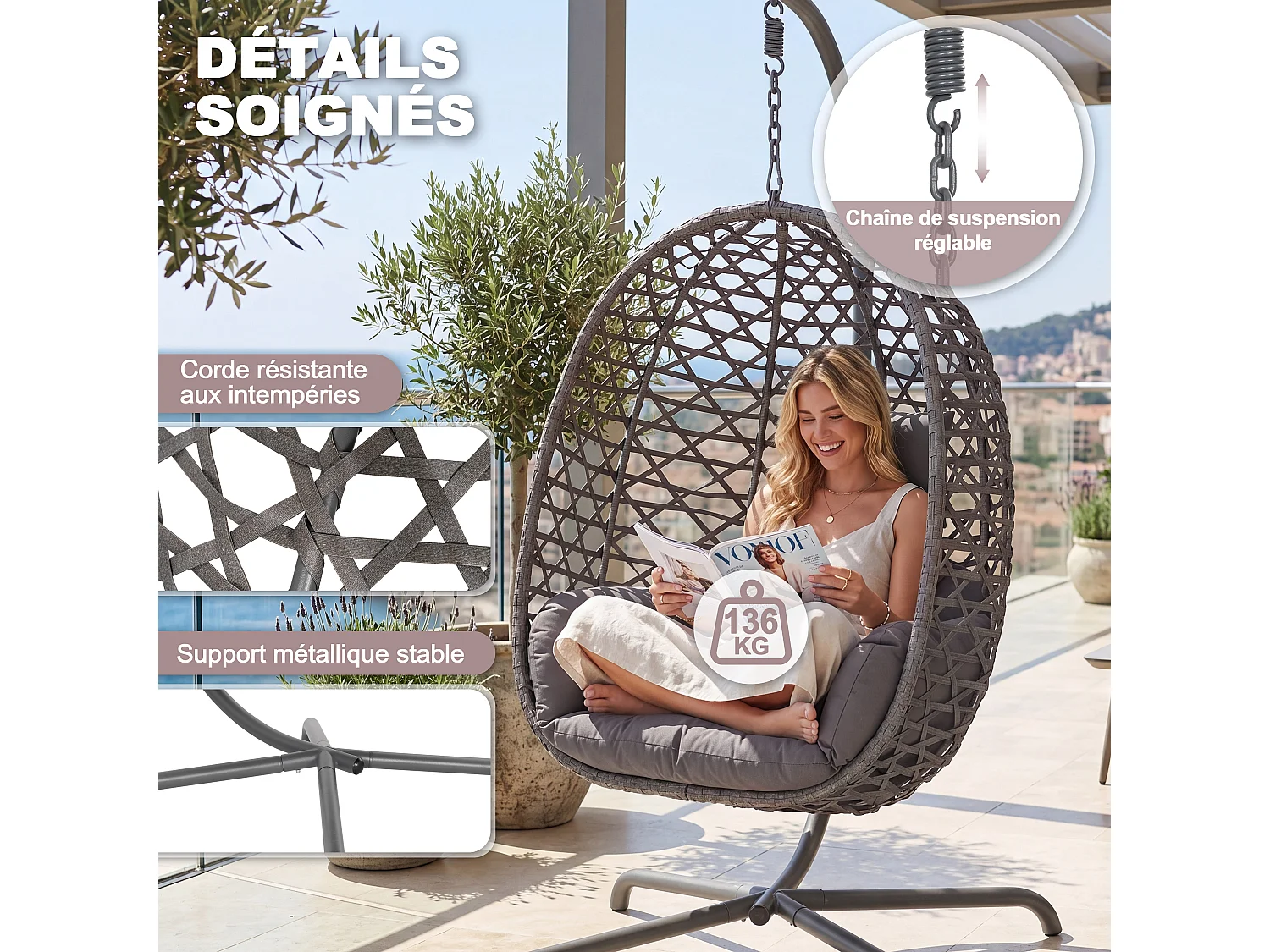 Avestar Balancelle suspendue en forme d’œuf pour extérieur avec coussin moelleux