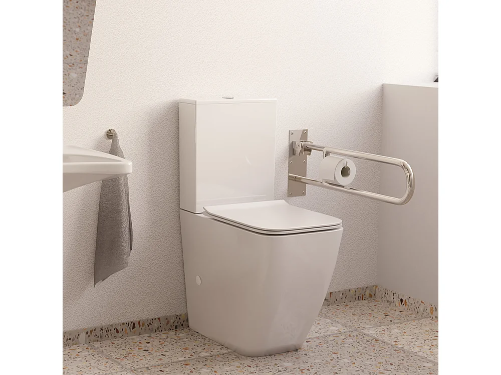 PMR Rimless Toilet Tegen de Muur | Comforthoogte voor Personen met Beperkte Mobiliteit | Duroplast Soft Close Toiletzitting | Glanzend Wit