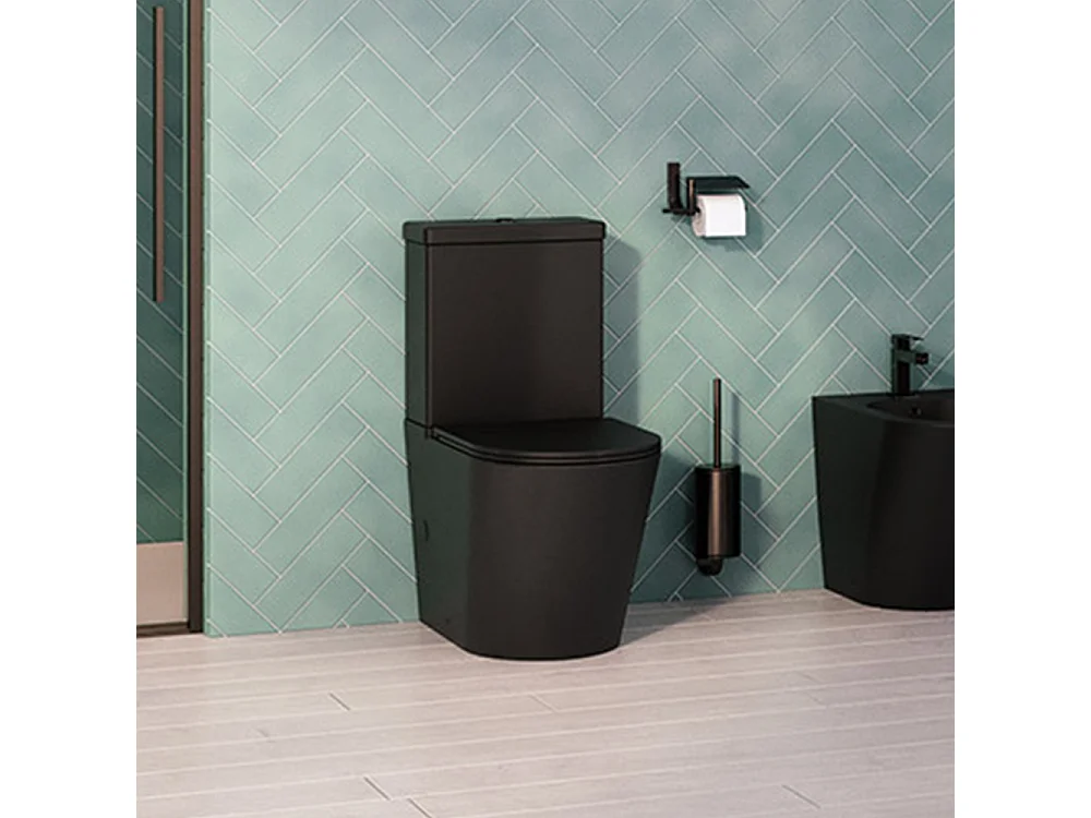 WC Complet Rimless Adossé au Mur | Abattant Extra-Fin en Duroplast avec Fermeture Amortie Soft Close | Noir Mat