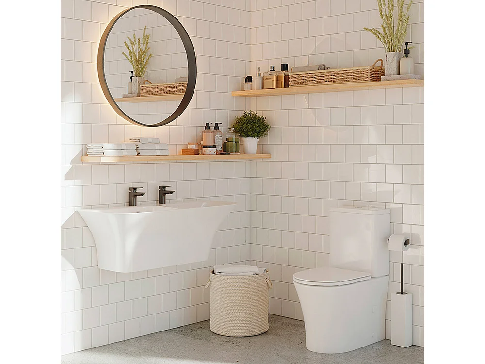Compleet Rimless Toilet Tegen de Muur | Ultradunne Duroplast Soft Close Toiletzitting met Easy Click | Glanzend Wit