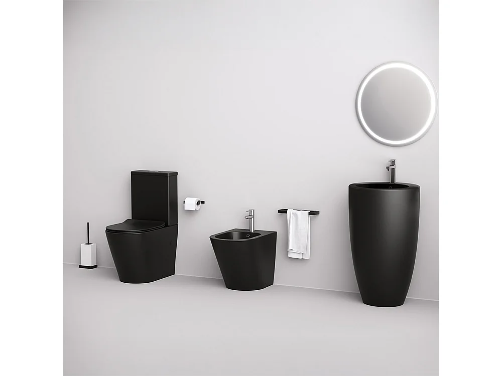 Compleet Staand Rimless Toilet Tegen de Muur | Ultradunne Soft Close Toiletzitting | Inclusief Afvoerbocht | Mat Wit
