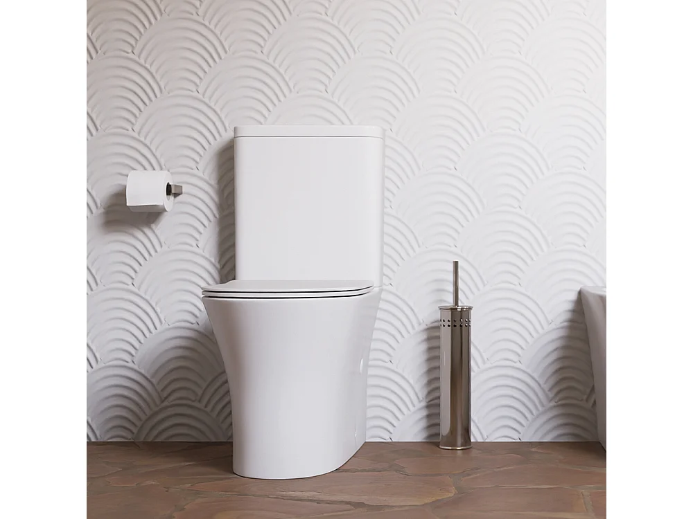 Compleet Rimless Toilet Tegen de Muur | Ultradunne Duroplast Soft Close Toiletzitting met Easy Click | Glanzend Wit
