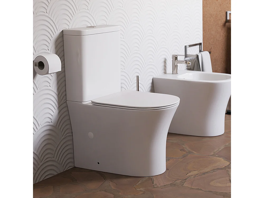 Compleet Rimless Toilet Tegen de Muur | Ultradunne Duroplast Soft Close Toiletzitting met Easy Click | Glanzend Wit
