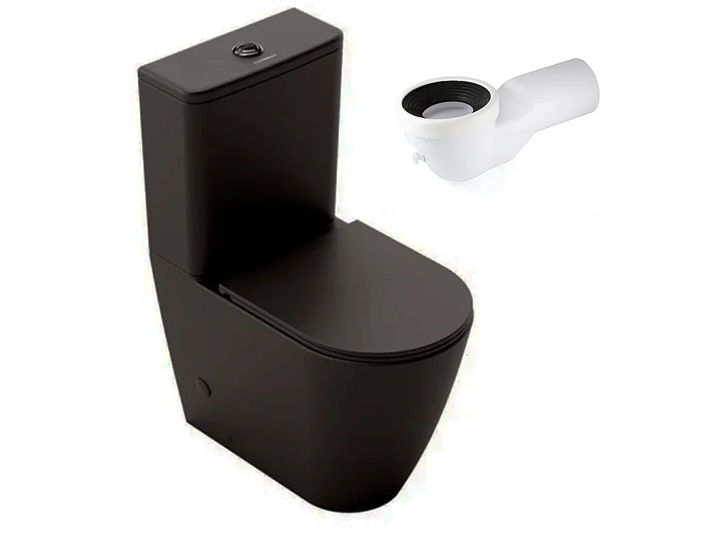 WC au sol rond | Noir Mat | WC à réservoir bas avec citerne et abattant extra-fin avec coude inclus