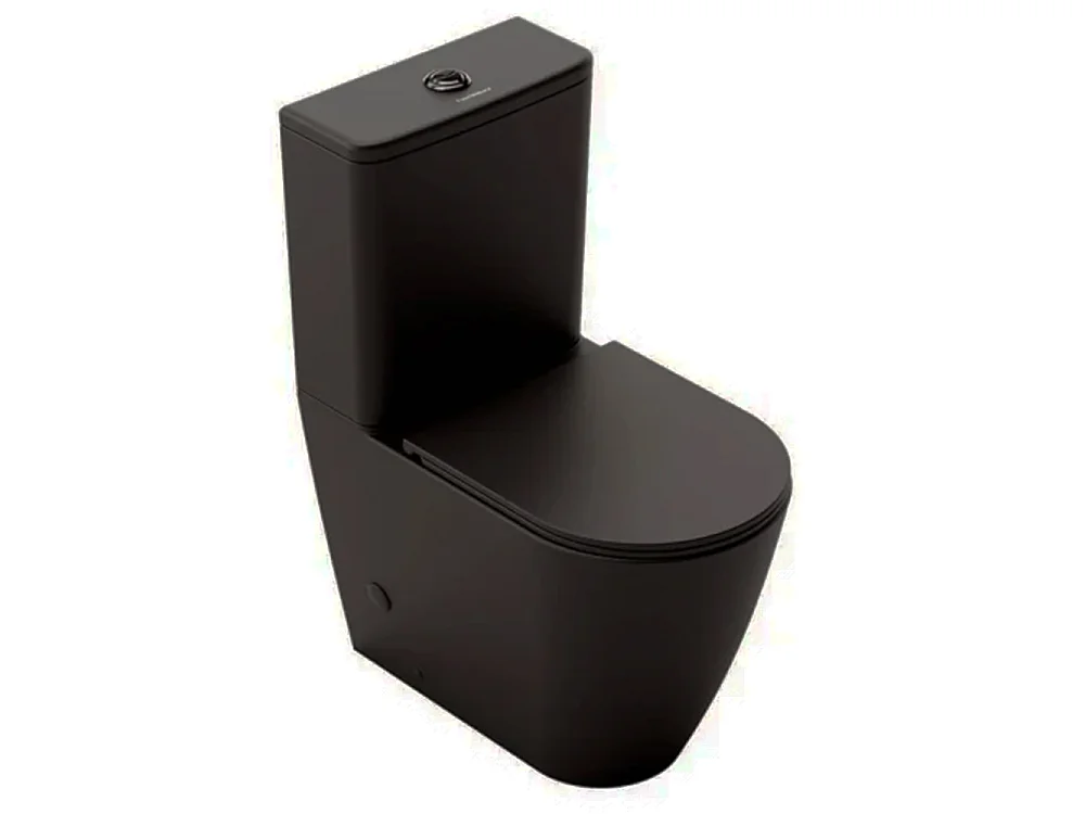 WC au sol rond | Noir Mat | WC à réservoir bas avec citerne et abattant extra-fin avec coude inclus