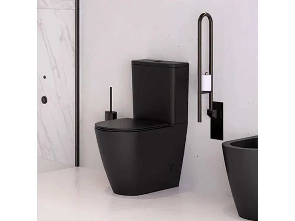 WC au sol rond | Noir Mat | WC à réservoir bas avec citerne et abattant extra-fin avec coude inclus