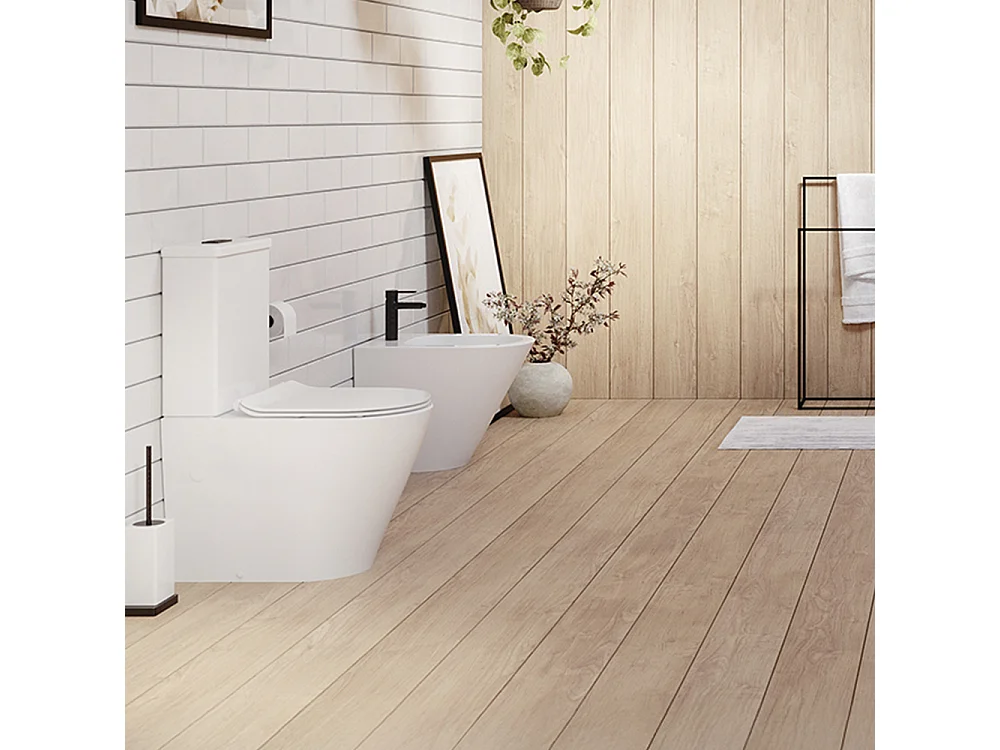 WC complet sur pied Rimless adossé au mur | Abattant extra-fin à fermeture amortie | Avec coude inclus | Blanc brillant
