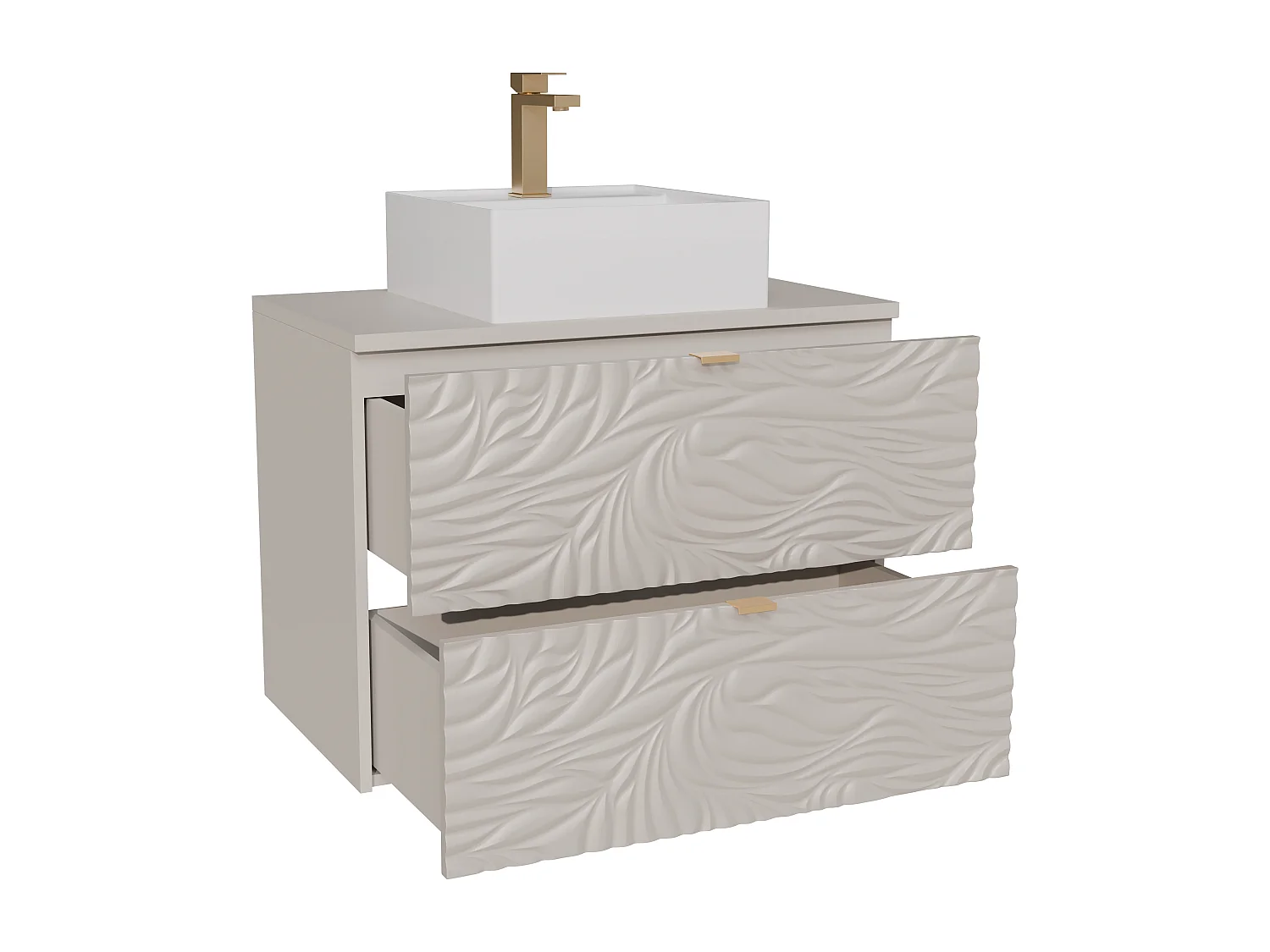 Meuble de salle de bain suspendu texturé avec vasque à poser carrée et robinet - Beige - 80 cm - RINAREL