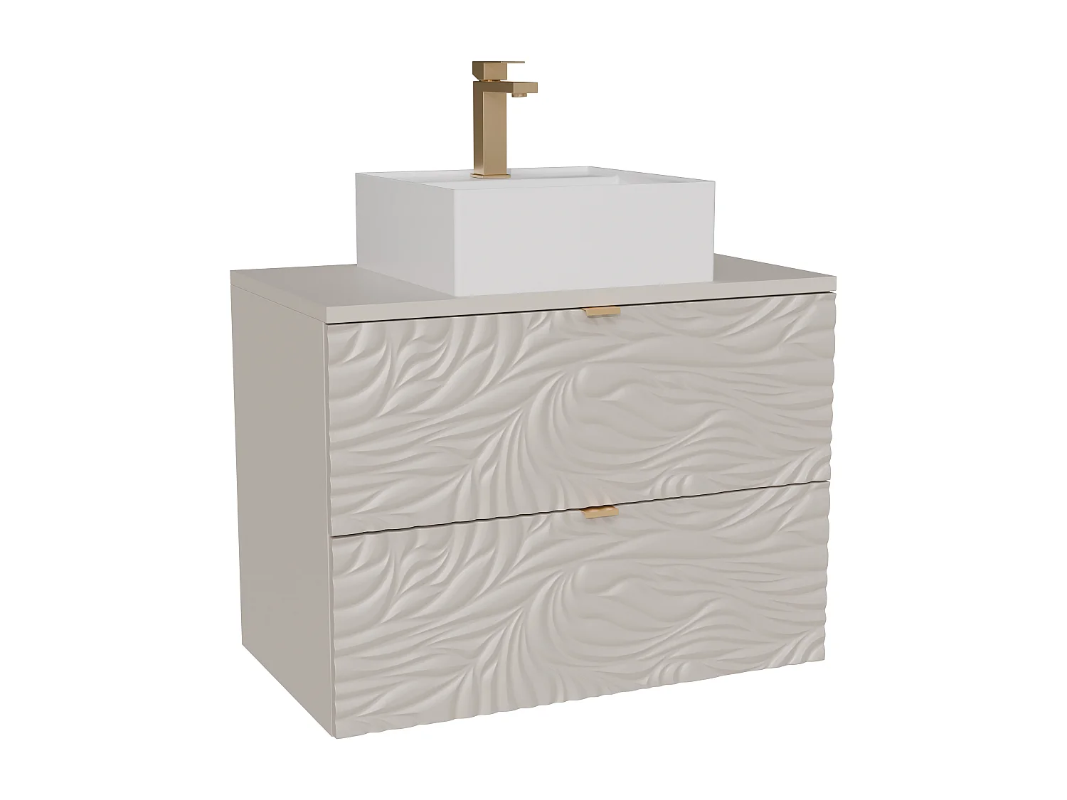 Meuble de salle de bain suspendu texturé avec vasque à poser carrée et robinet - Beige - 80 cm - RINAREL