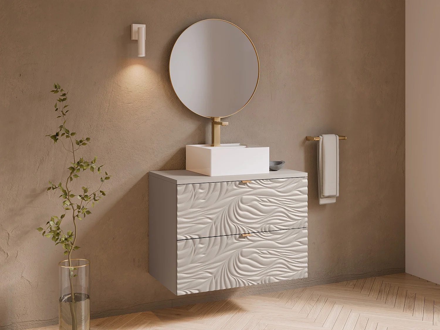 Meuble de salle de bain suspendu texturé avec vasque à poser carrée et robinet - Beige - 80 cm - RINAREL