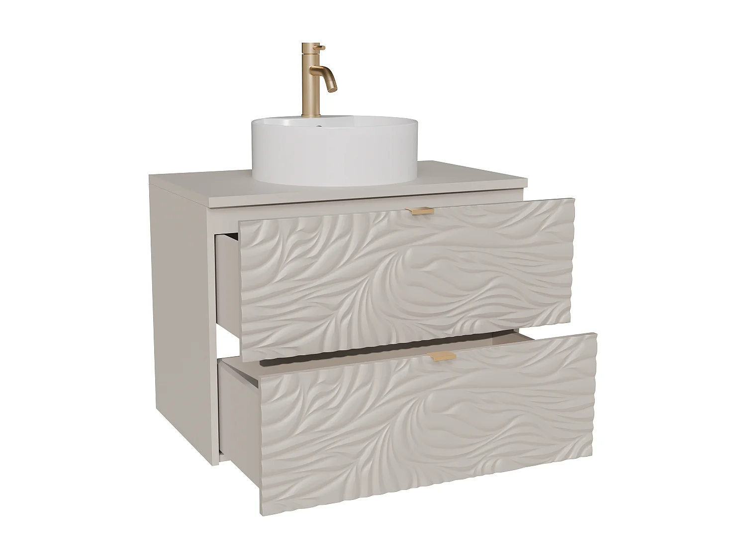 Meuble de salle de bain suspendu texturé avec vasque à poser ronde et robinet - Beige - 80 cm - RINAREL