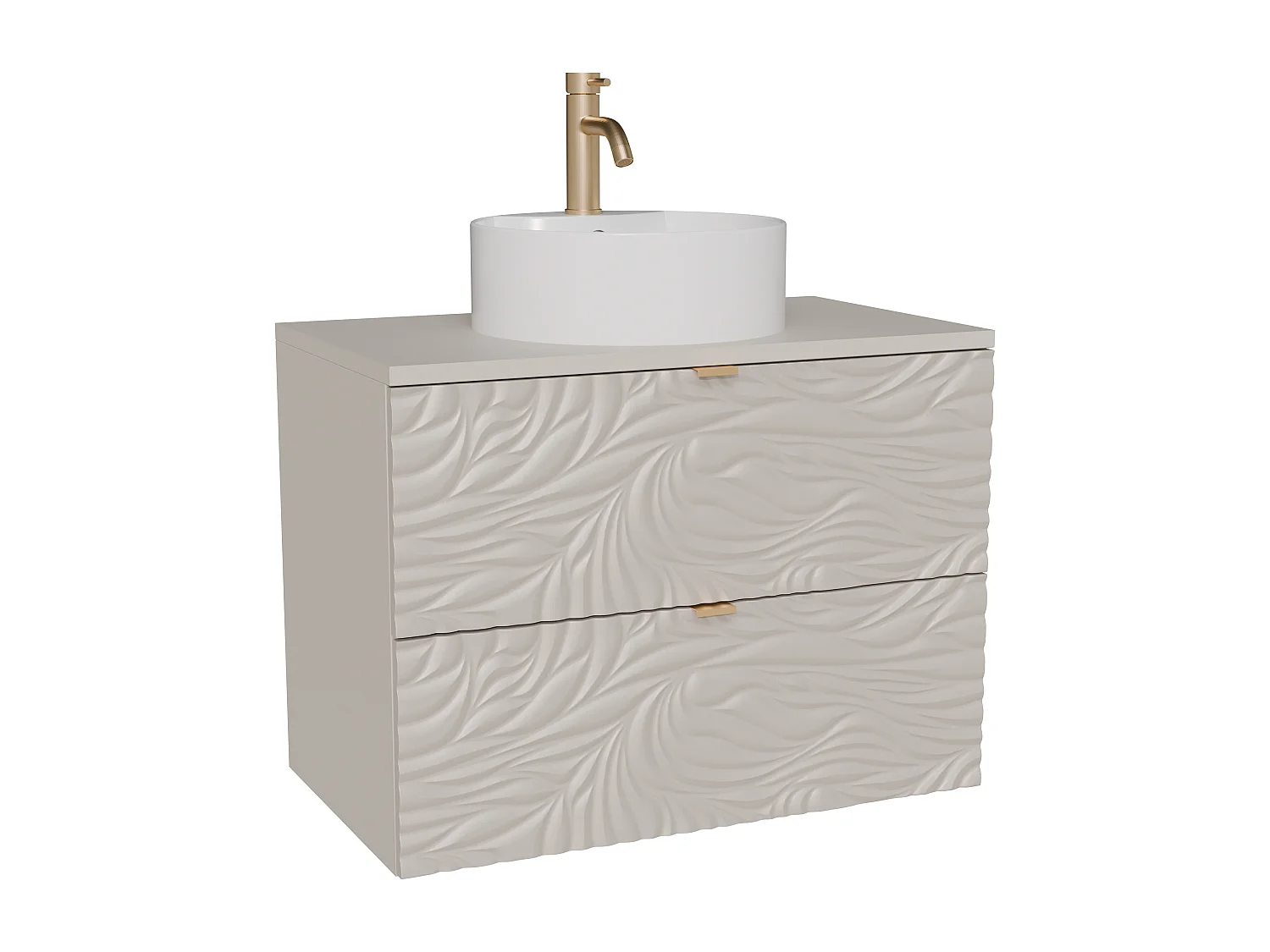 Meuble de salle de bain suspendu texturé avec vasque à poser ronde et robinet - Beige - 80 cm - RINAREL