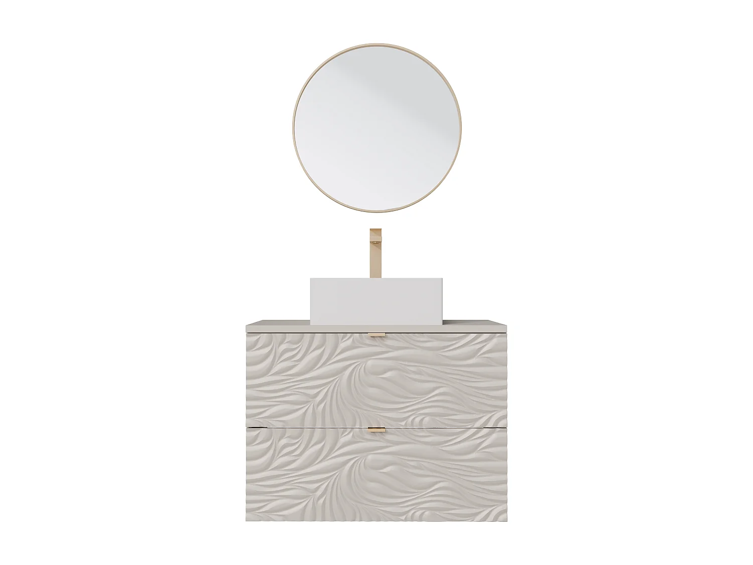 Meuble de salle de bain suspendu texturé avec vasque à poser carrée, robinet et miroir - Beige - 80 cm - RINAREL