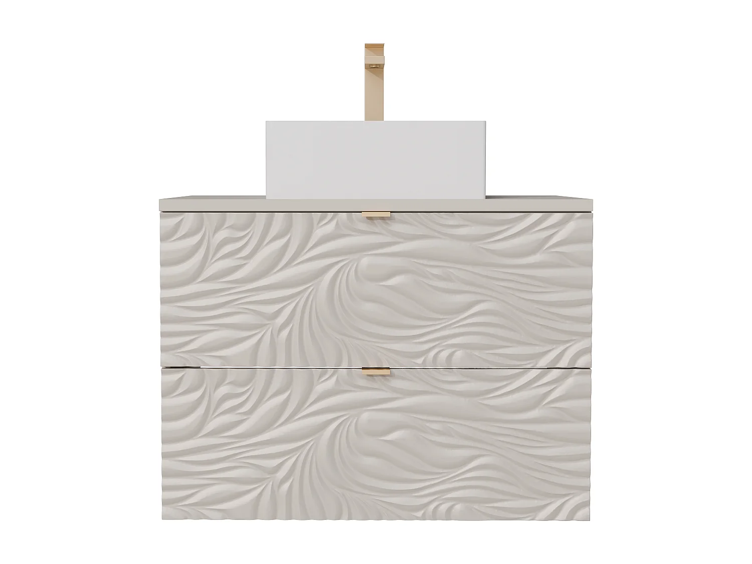 Meuble de salle de bain suspendu texturé avec vasque à poser carrée, robinet et miroir - Beige - 80 cm - RINAREL