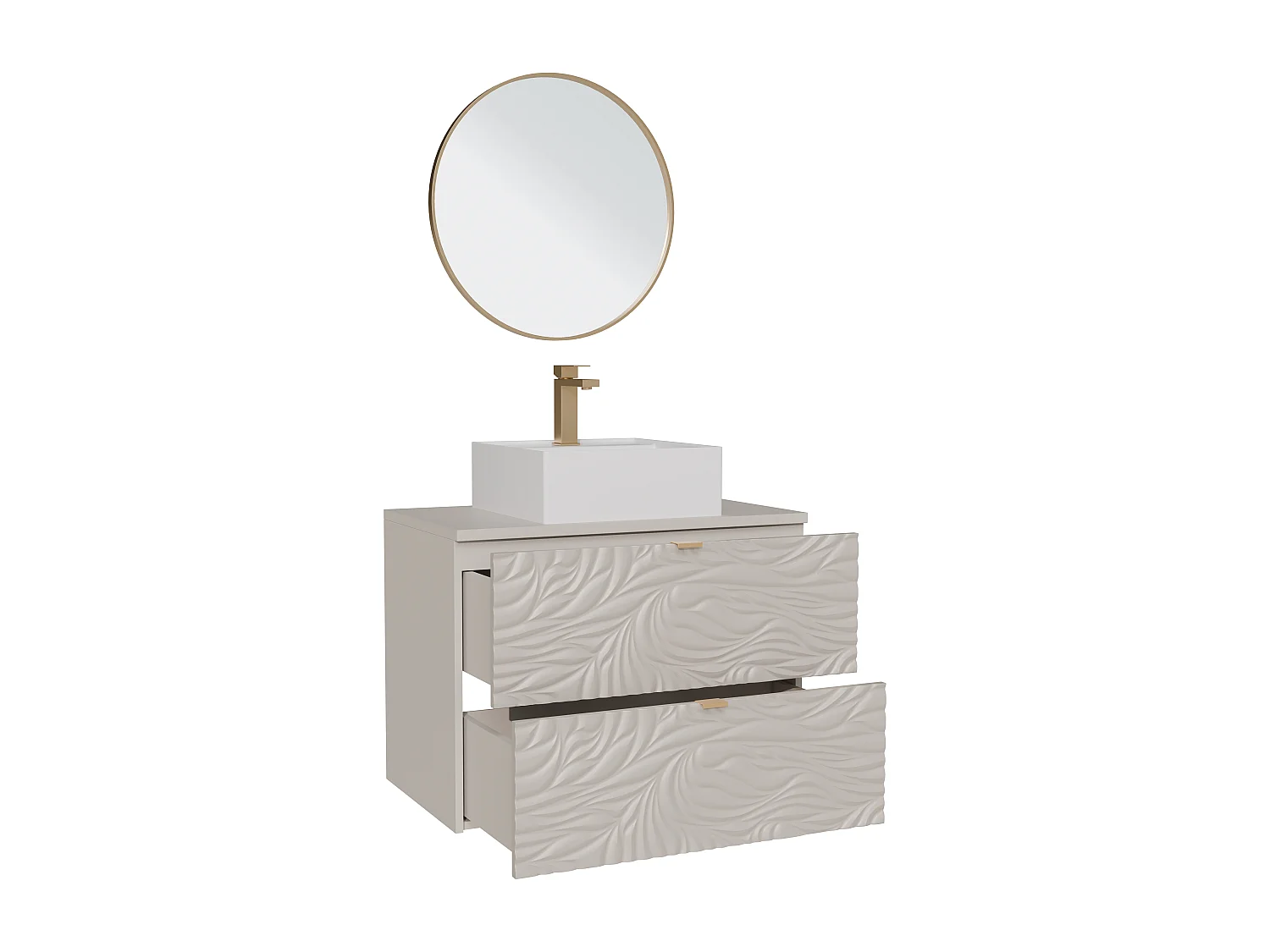 Meuble de salle de bain suspendu texturé avec vasque à poser carrée, robinet et miroir - Beige - 80 cm - RINAREL