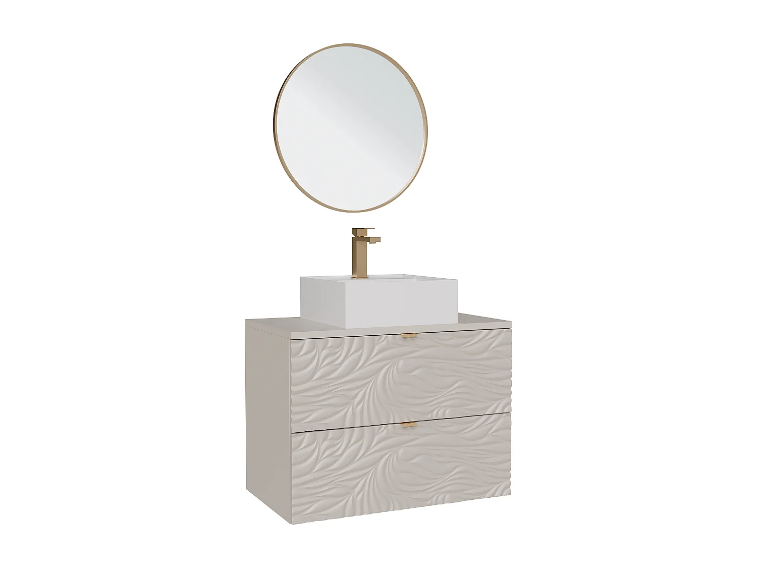 Meuble de salle de bain suspendu texturé avec vasque à poser carrée, robinet et miroir - Beige - 80 cm - RINAREL