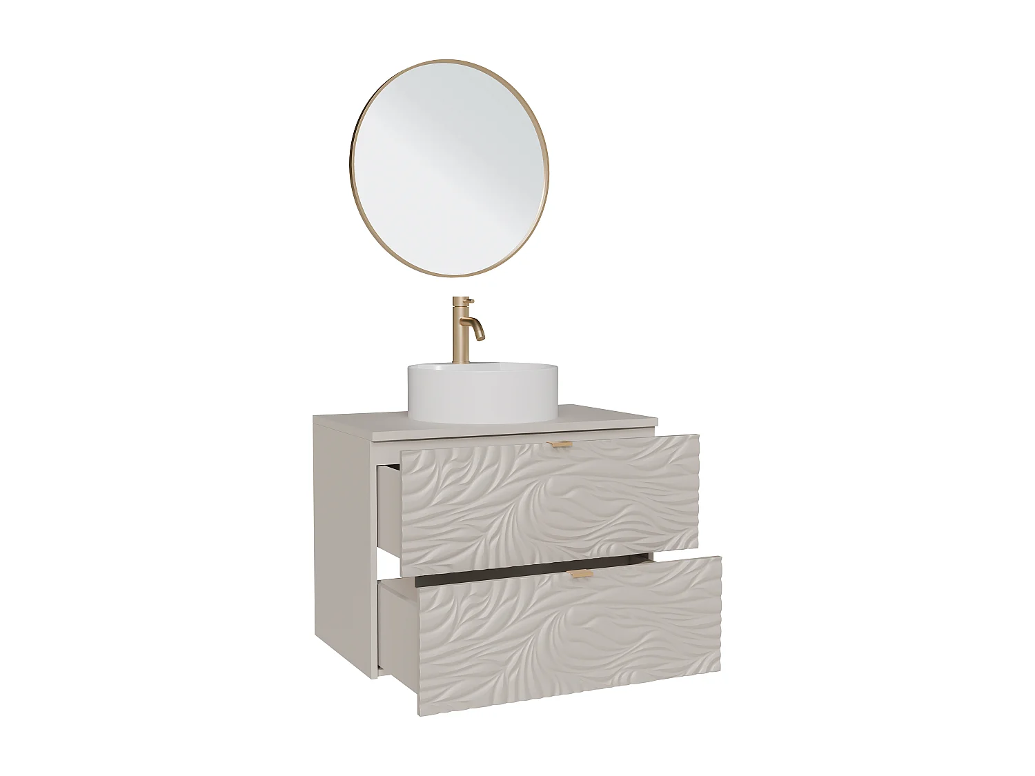 Meuble de salle de bain suspendu texturé avec vasque à poser ronde, robinet et miroir - Beige - 80 cm - RINAREL