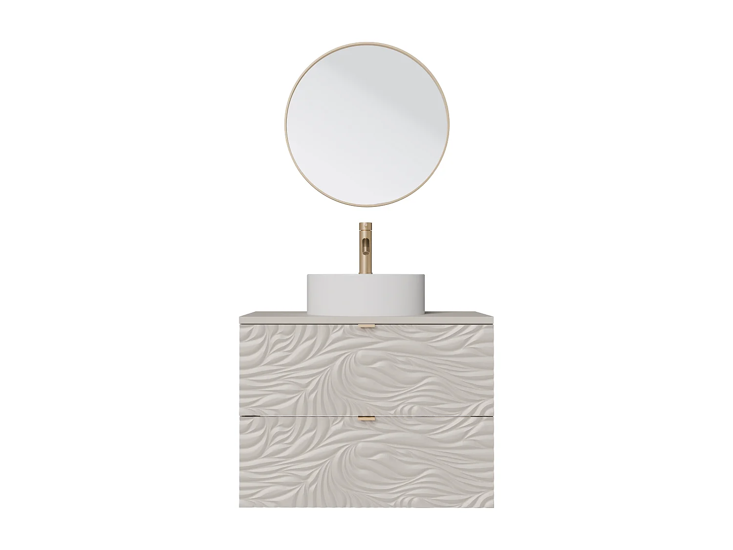 Meuble de salle de bain suspendu texturé avec vasque à poser ronde, robinet et miroir - Beige - 80 cm - RINAREL