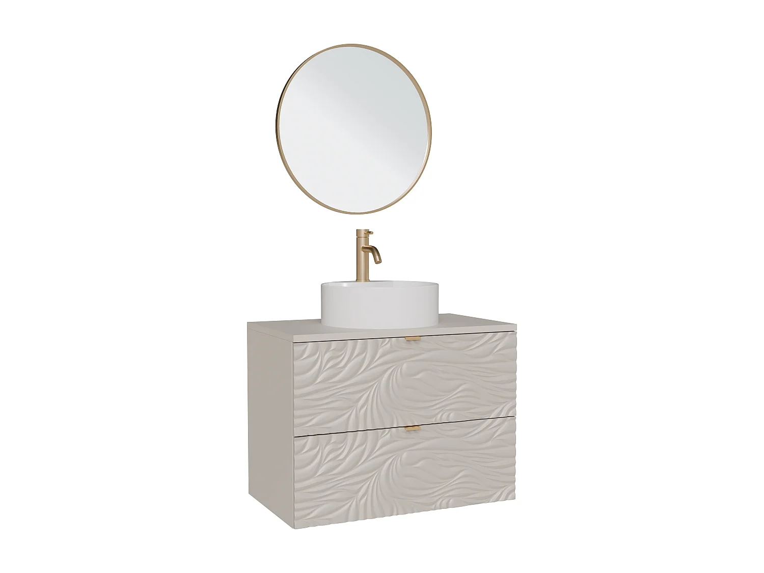Meuble de salle de bain suspendu texturé avec vasque à poser ronde, robinet et miroir - Beige - 80 cm - RINAREL
