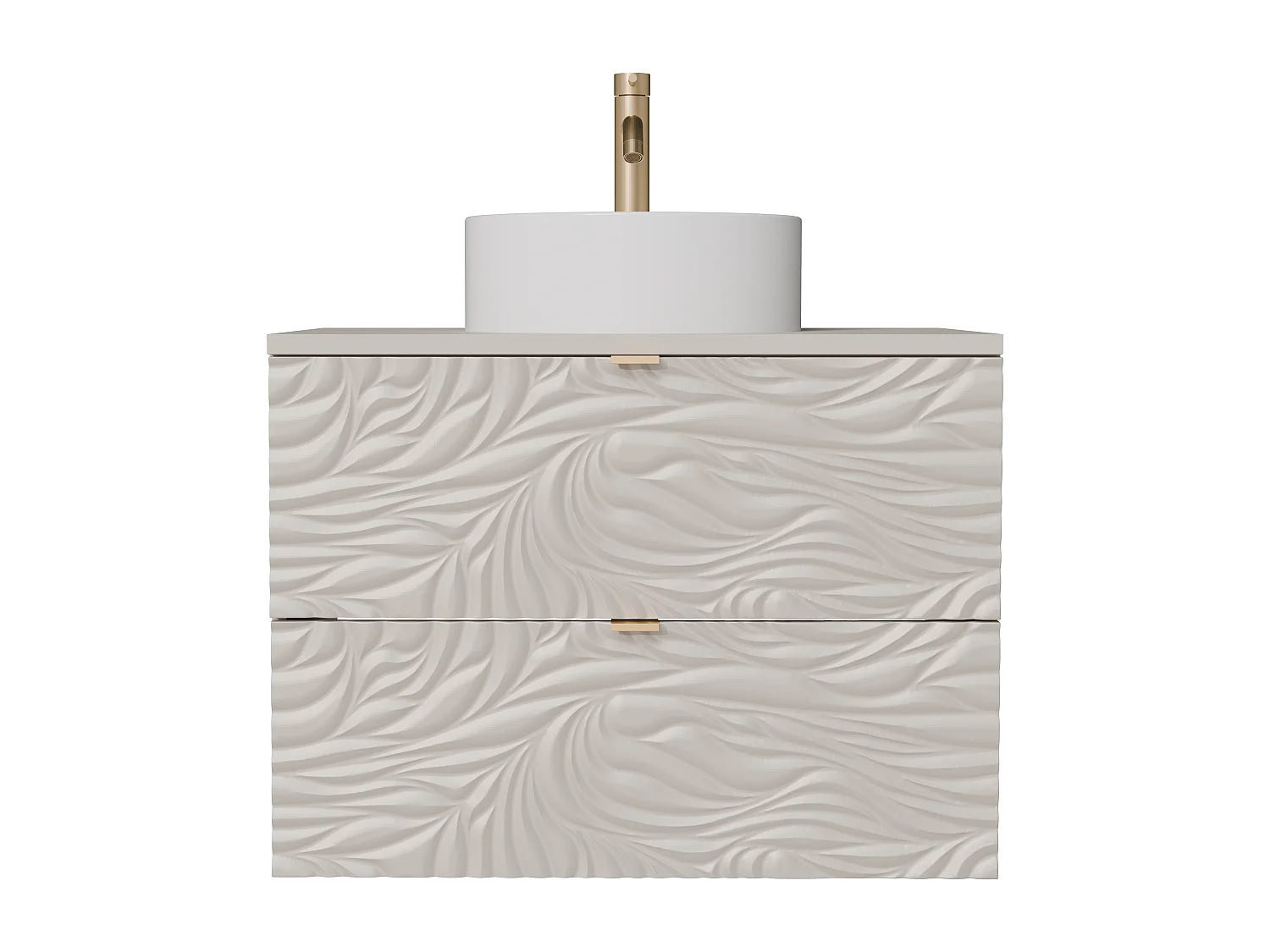 Meuble de salle de bain suspendu texturé avec vasque à poser ronde, robinet et miroir - Beige - 80 cm - RINAREL