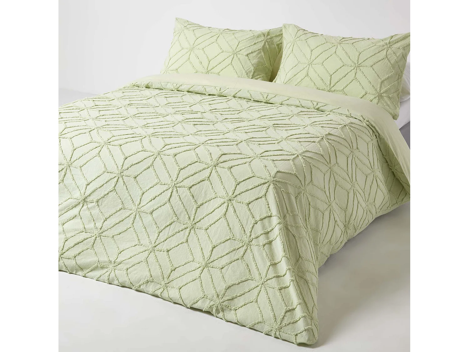 Homescapes Sage Green Diamond Cotton Tufted Duvet Cover Set, Single