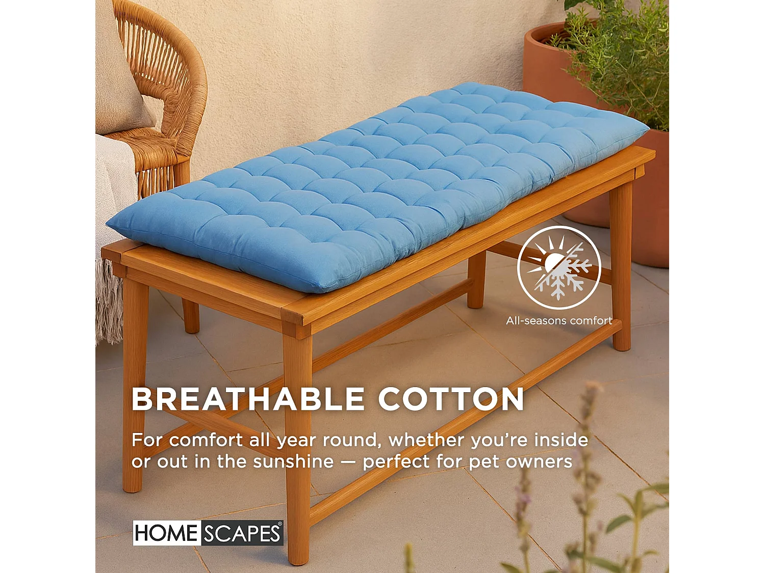 Homescapes Luxury 100% Cotton 2 Seater Bench Cushion, 108 x 42 cm, Airforce Blue, For Garden & Dining, Machine Washable, Padded, OEKO-TEX Certified