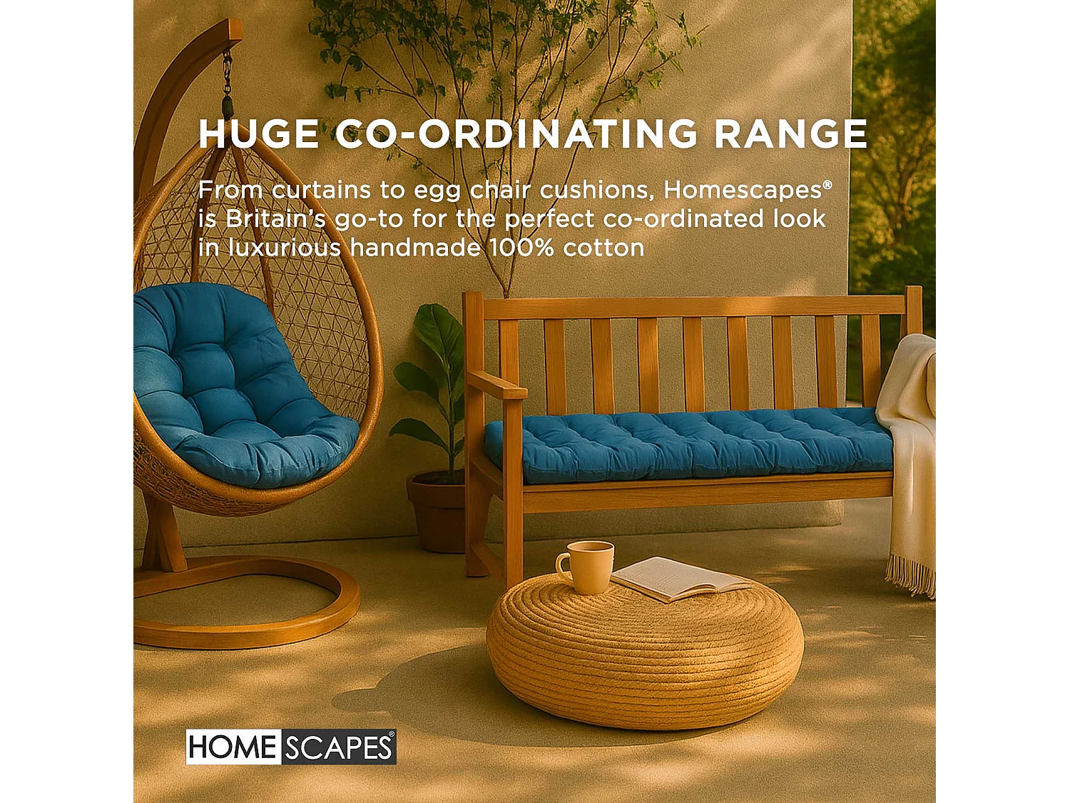 Homescapes Luxury 100% Cotton 2 Seater Bench Cushion, 108 x 42 cm, Airforce Blue, For Garden & Dining, Machine Washable, Padded, OEKO-TEX Certified