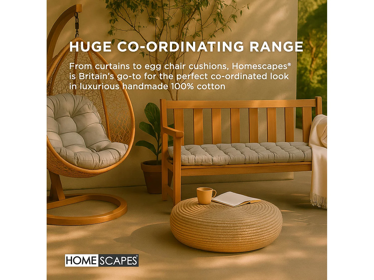 Homescapes Luxury 100% Cotton 2 Seater Bench Cushion, 108 x 42 cm, Grey, For Garden & Dining, Machine Washable, Padded, OEKO-TEX Certified