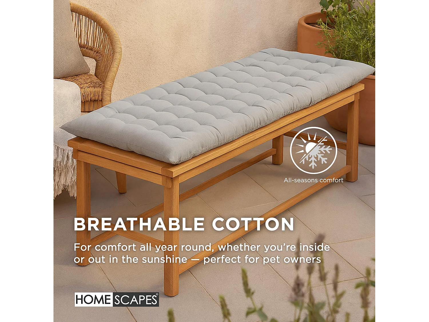Homescapes Luxury 100% Cotton 3 Seater Bench Cushion,143 x 48 cm, Grey, For Garden & Dining, Machine Washable, Padded, OEKO-TEX Certified