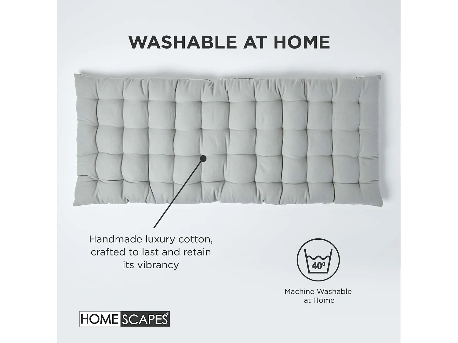 Homescapes Luxury 100% Cotton 3 Seater Bench Cushion,143 x 48 cm, Grey, For Garden & Dining, Machine Washable, Padded, OEKO-TEX Certified