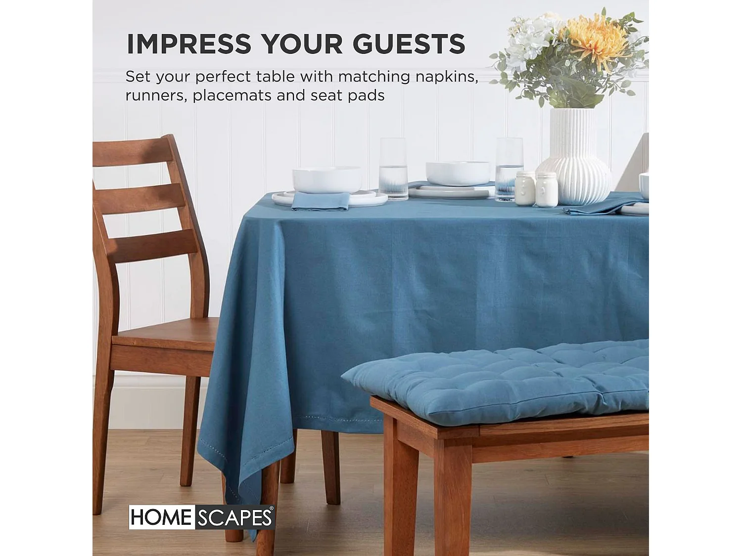 Homescapes Luxury 100% Cotton 3 Seater Bench Cushion,143 x 48 cm, Airforce Blue, For Garden & Dining, Machine Washable, Padded, OEKO-TEX Certified