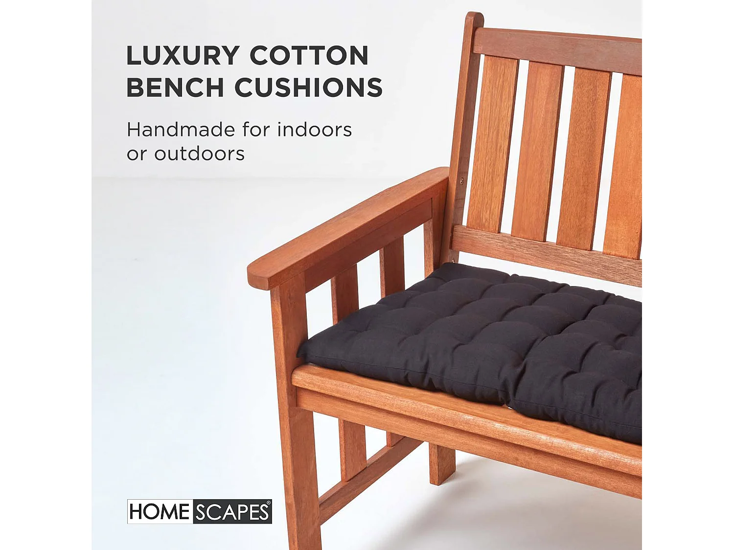 Homescapes Luxury 100% Cotton 2 Seater Bench Cushion, 108 x 42 cm, Black, For Garden & Dining, Machine Washable, Padded, OEKO-TEX Certified