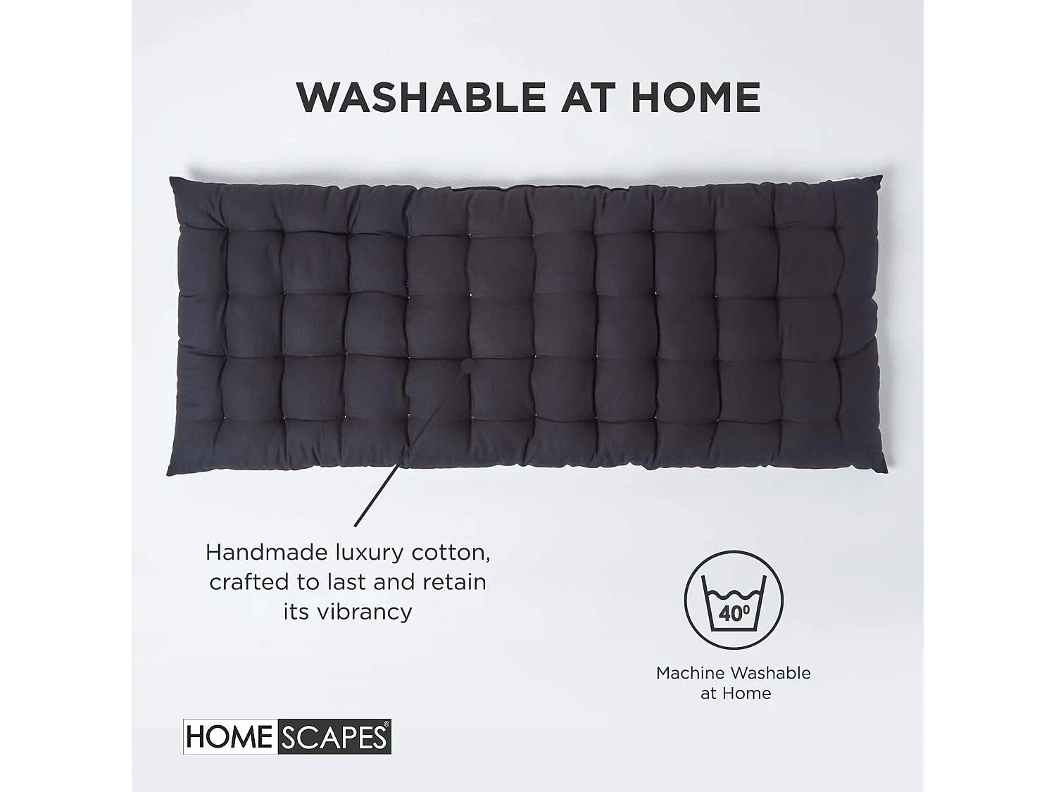 Homescapes Luxury 100% Cotton 2 Seater Bench Cushion, 108 x 42 cm, Black, For Garden & Dining, Machine Washable, Padded, OEKO-TEX Certified