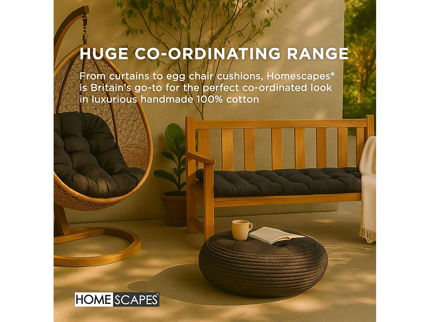 Homescapes Luxury 100% Cotton 2 Seater Bench Cushion, 108 x 42 cm, Black, For Garden & Dining, Machine Washable, Padded, OEKO-TEX Certified