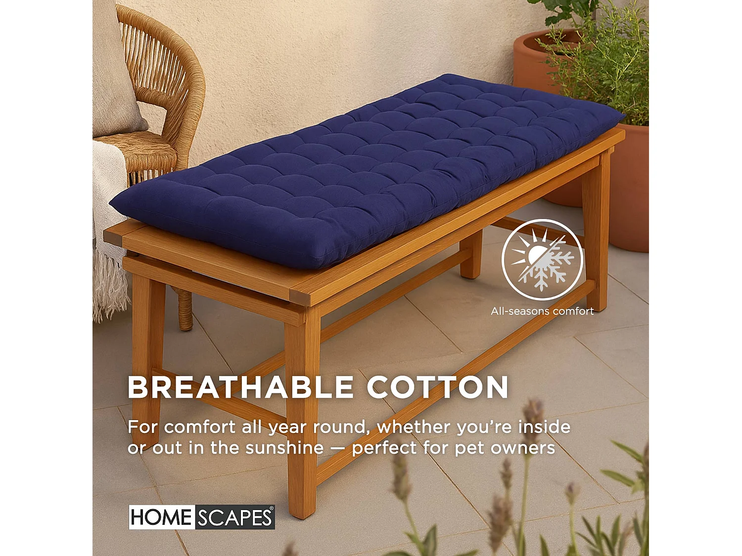 Homescapes Luxury 100% Cotton 2 Seater Bench Cushion, 108 x 42 cm, Navy Blue, For Garden & Dining, Machine Washable, Padded, OEKO-TEX Certified