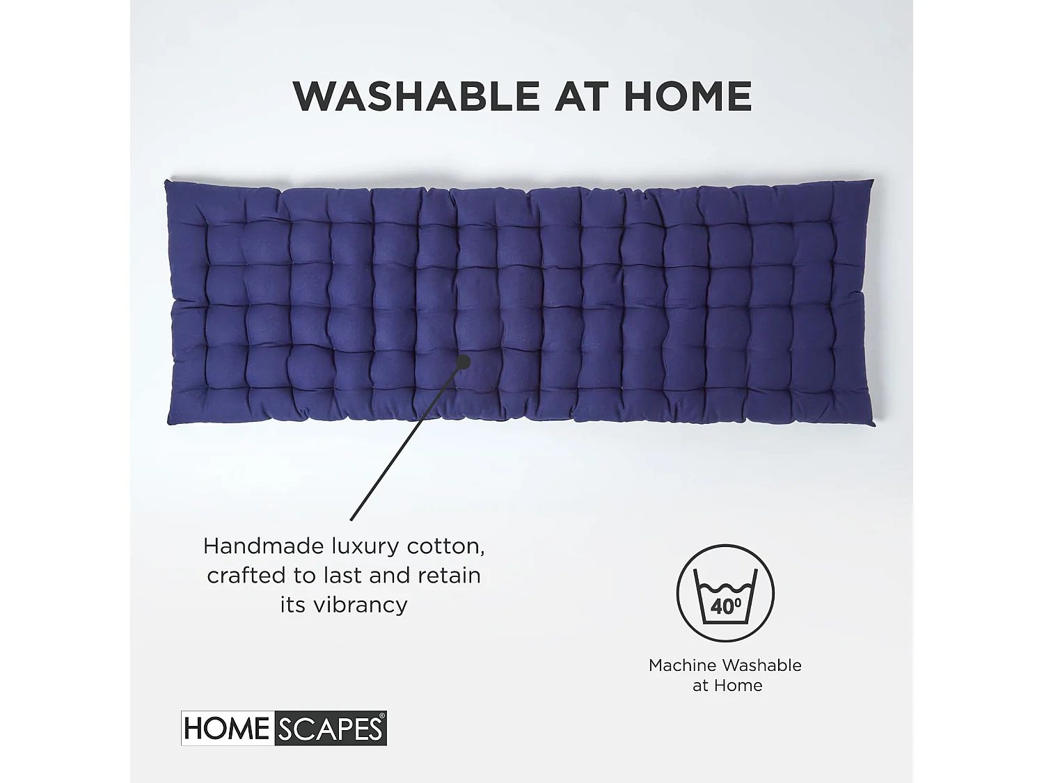 Homescapes Luxury 100% Cotton 2 Seater Bench Cushion, 108 x 42 cm, Navy Blue, For Garden & Dining, Machine Washable, Padded, OEKO-TEX Certified