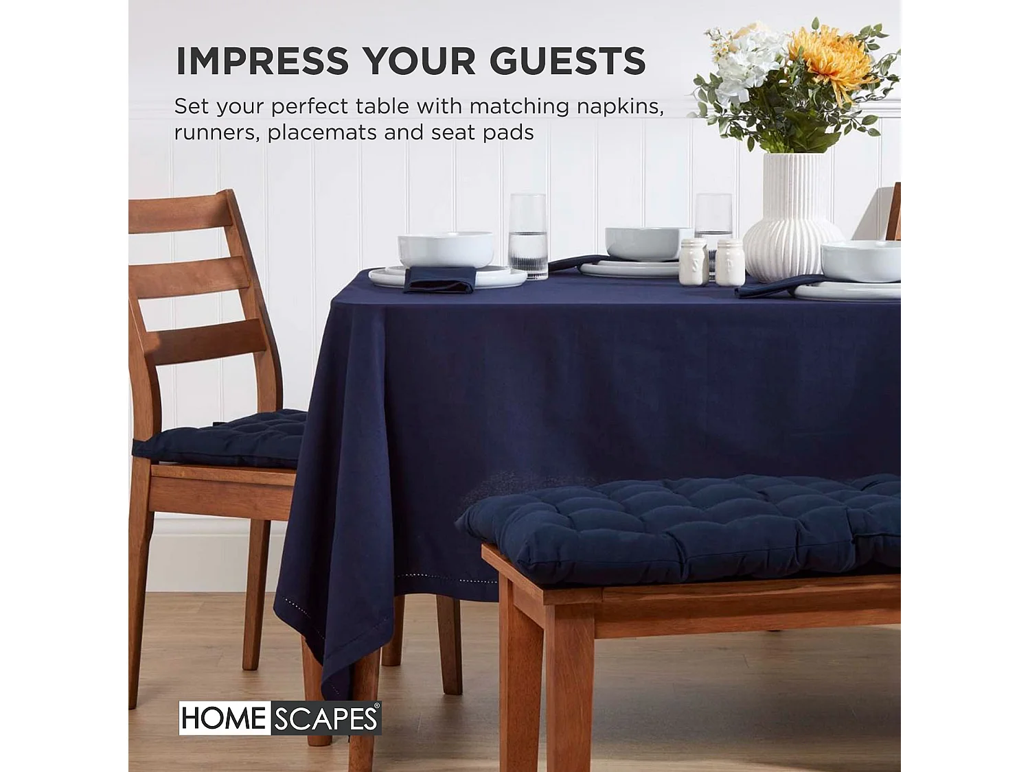 Homescapes Luxury 100% Cotton 2 Seater Bench Cushion, 108 x 42 cm, Navy Blue, For Garden & Dining, Machine Washable, Padded, OEKO-TEX Certified