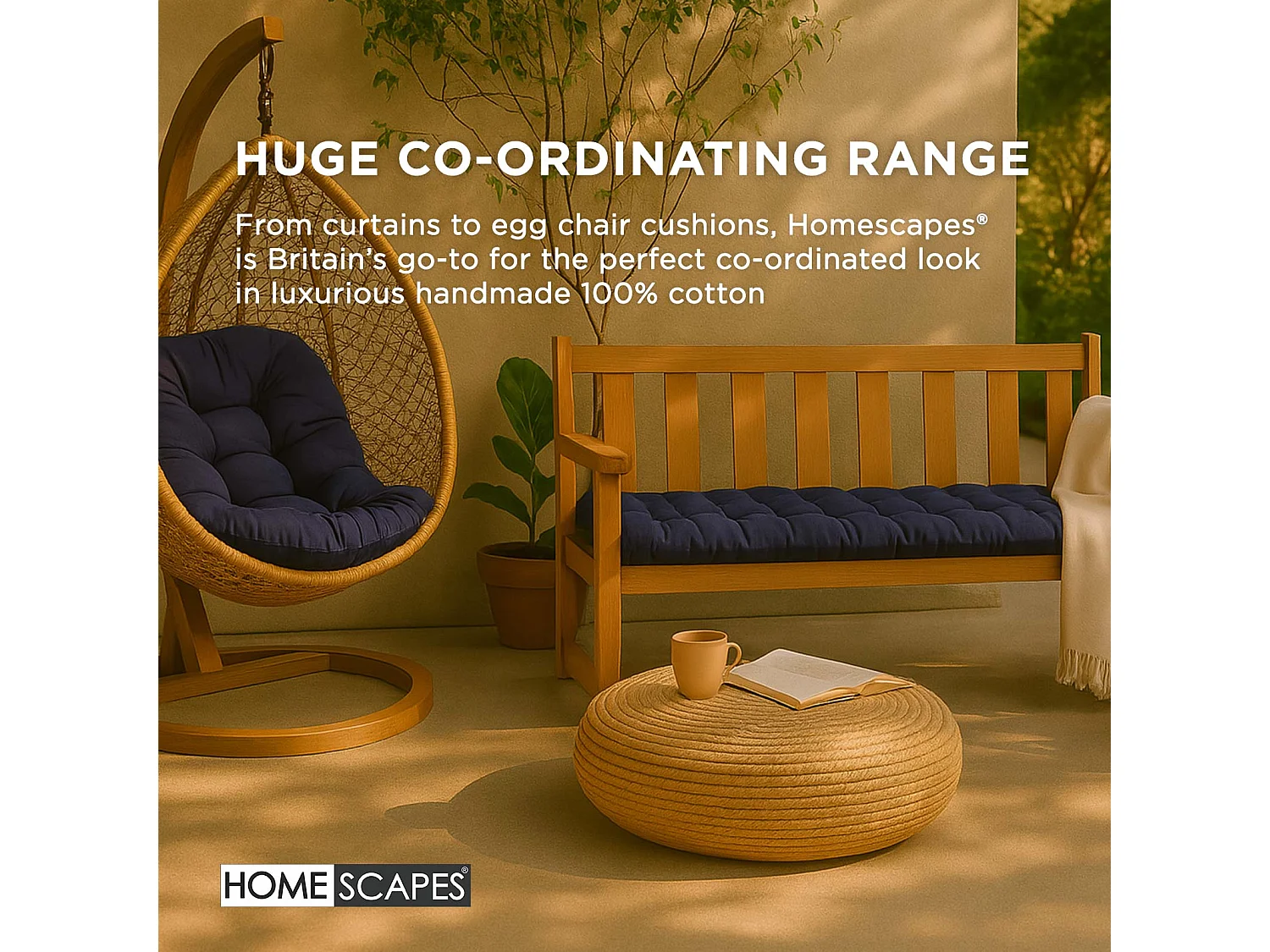 Homescapes Luxury 100% Cotton 2 Seater Bench Cushion, 108 x 42 cm, Navy Blue, For Garden & Dining, Machine Washable, Padded, OEKO-TEX Certified