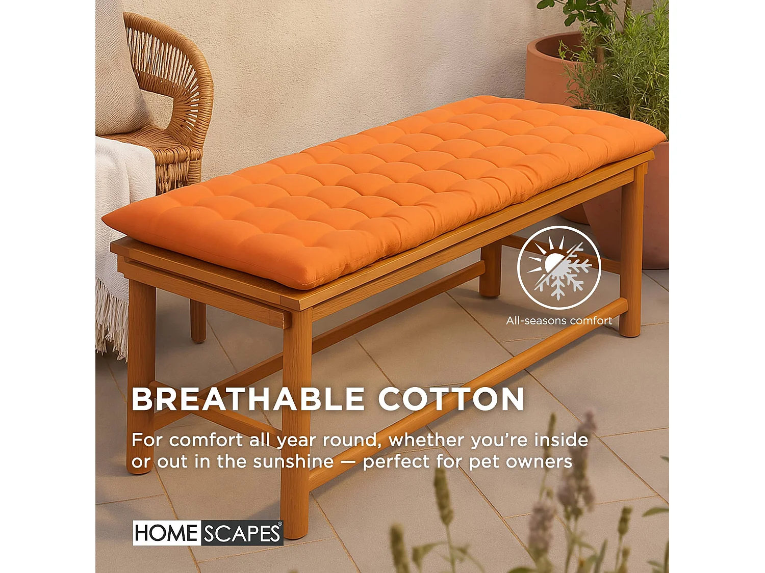 Homescapes Luxury 100% Cotton 2 Seater Bench Cushion, 108 x 42 cm, Burnt Orange, For Garden & Dining, Machine Washable, Padded, OEKO-TEX Certified