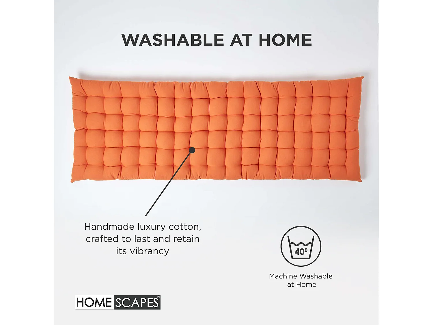 Homescapes Luxury 100% Cotton 2 Seater Bench Cushion, 108 x 42 cm, Burnt Orange, For Garden & Dining, Machine Washable, Padded, OEKO-TEX Certified