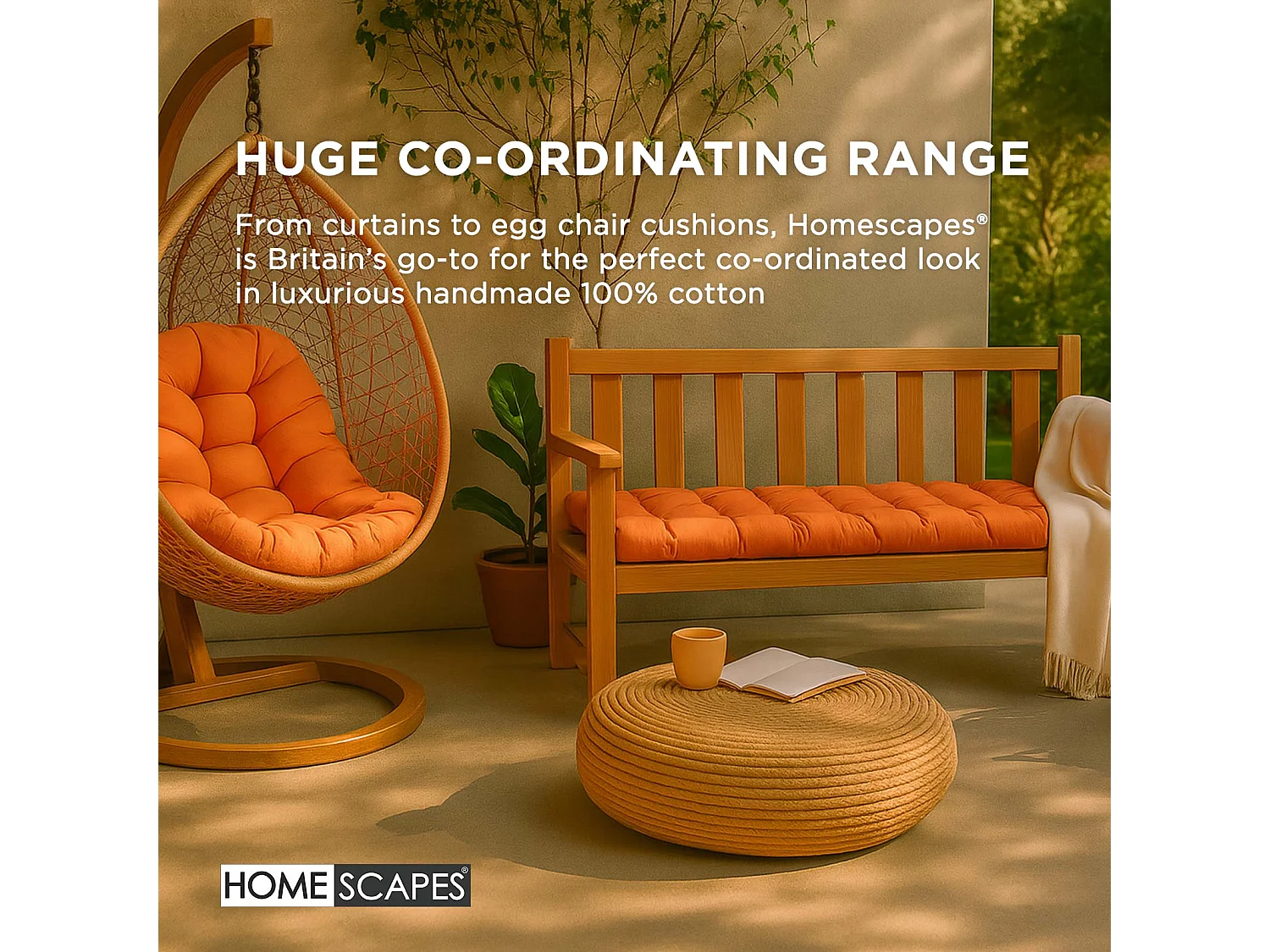 Homescapes Luxury 100% Cotton 3 Seater Bench Cushion,143 x 48 cm, Burnt Orange, For Garden & Dining, Machine Washable, Padded, OEKO-TEX Certified