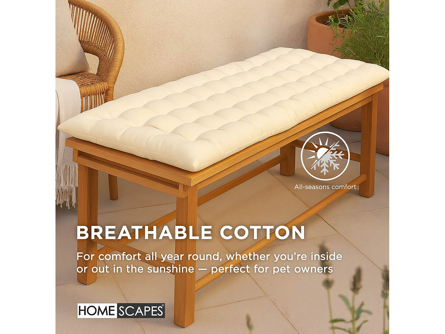 Homescapes Luxury 100% Cotton 3 Seater Bench Cushion,143 x 48 cm, Cream, For Garden & Dining, Machine Washable, Padded, OEKO-TEX Certified