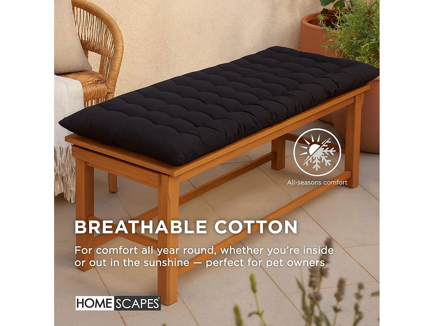 Homescapes Luxury 100% Cotton 3 Seater Bench Cushion,143 x 48 cm, Black, For Garden & Dining, Machine Washable, Padded, OEKO-TEX Certified