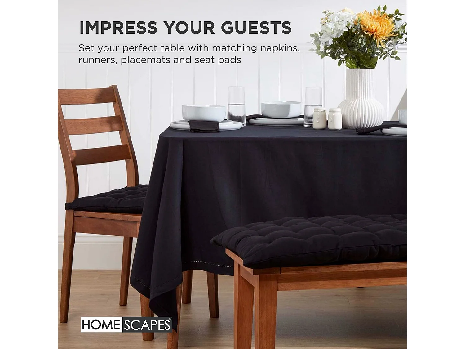 Homescapes Luxury 100% Cotton 3 Seater Bench Cushion,143 x 48 cm, Black, For Garden & Dining, Machine Washable, Padded, OEKO-TEX Certified