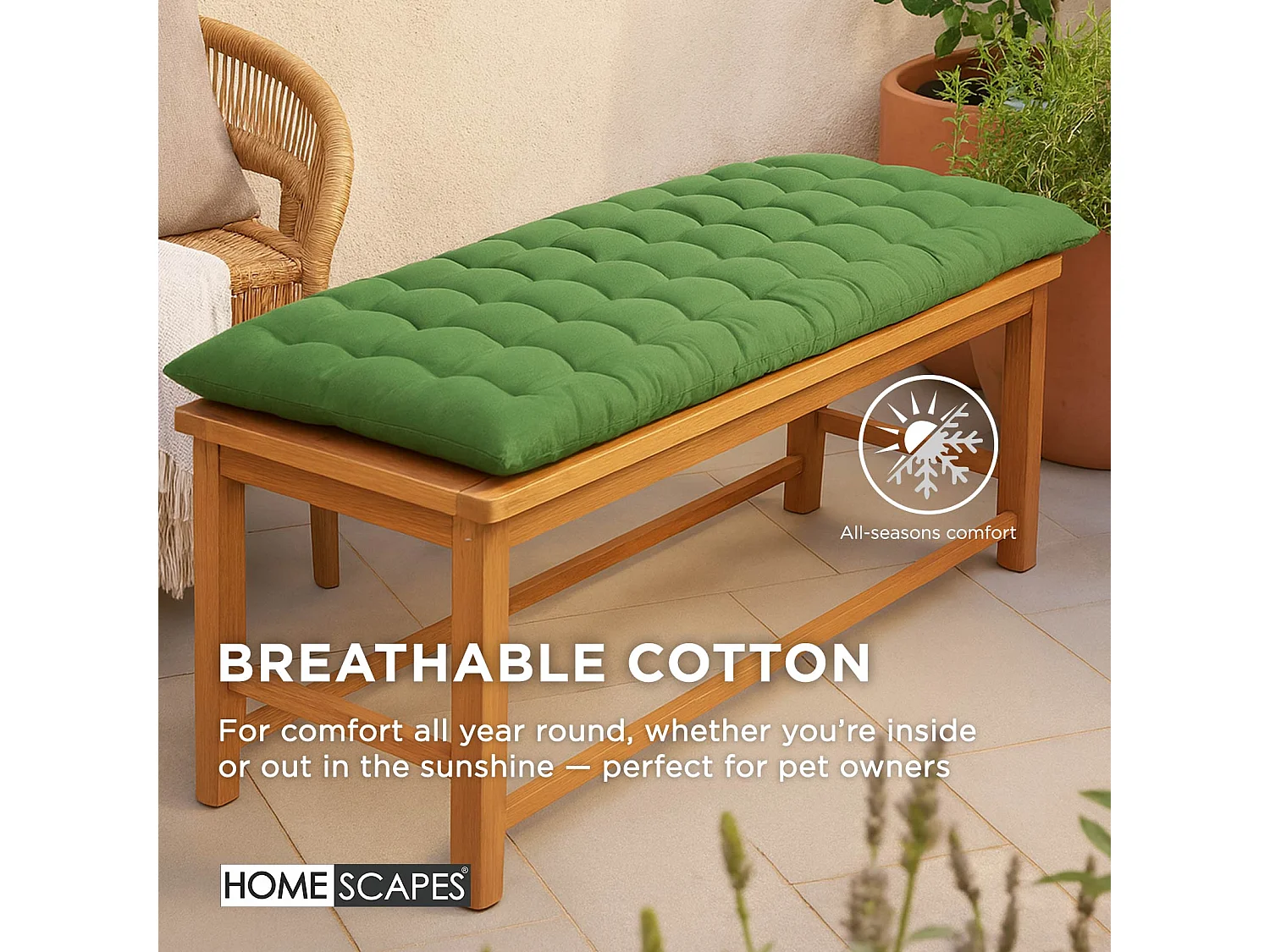 Homescapes Luxury 100% Cotton 2 Seater Bench Cushion, 108 x 42 cm, Dark Olive Green, For Garden & Dining, Machine Washable, Padded, OEKO-TEX Certified