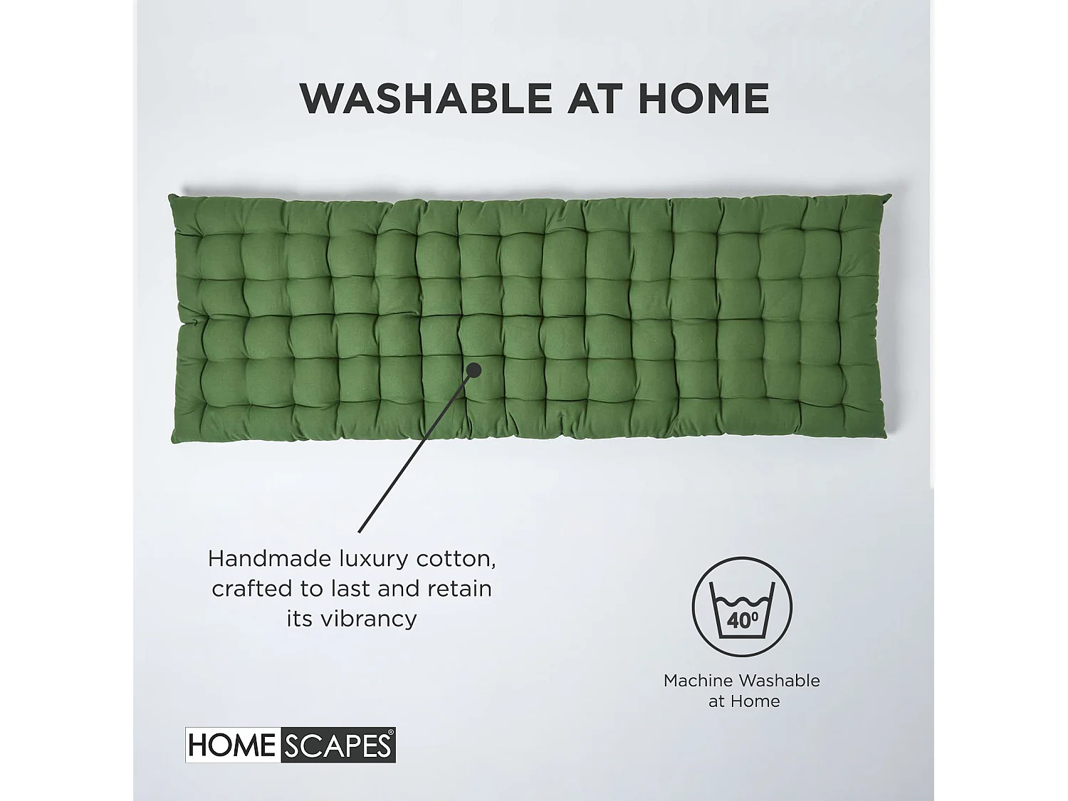 Homescapes Luxury 100% Cotton 2 Seater Bench Cushion, 108 x 42 cm, Dark Olive Green, For Garden & Dining, Machine Washable, Padded, OEKO-TEX Certified