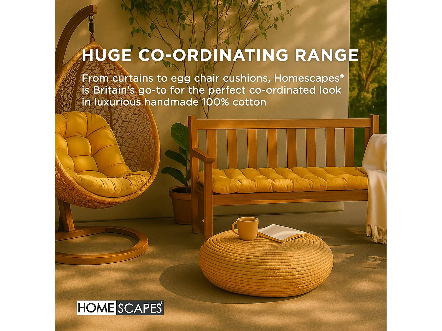 Homescapes Luxury 100% Cotton 2 Seater Bench Cushion, 108 x 42 cm, Mustard Yellow, For Garden & Dining, Machine Washable, Padded, OEKO-TEX Certified